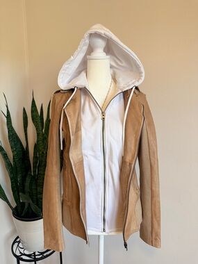 JKT NYC | Tan Leather Jacket with Removable Hood Insert